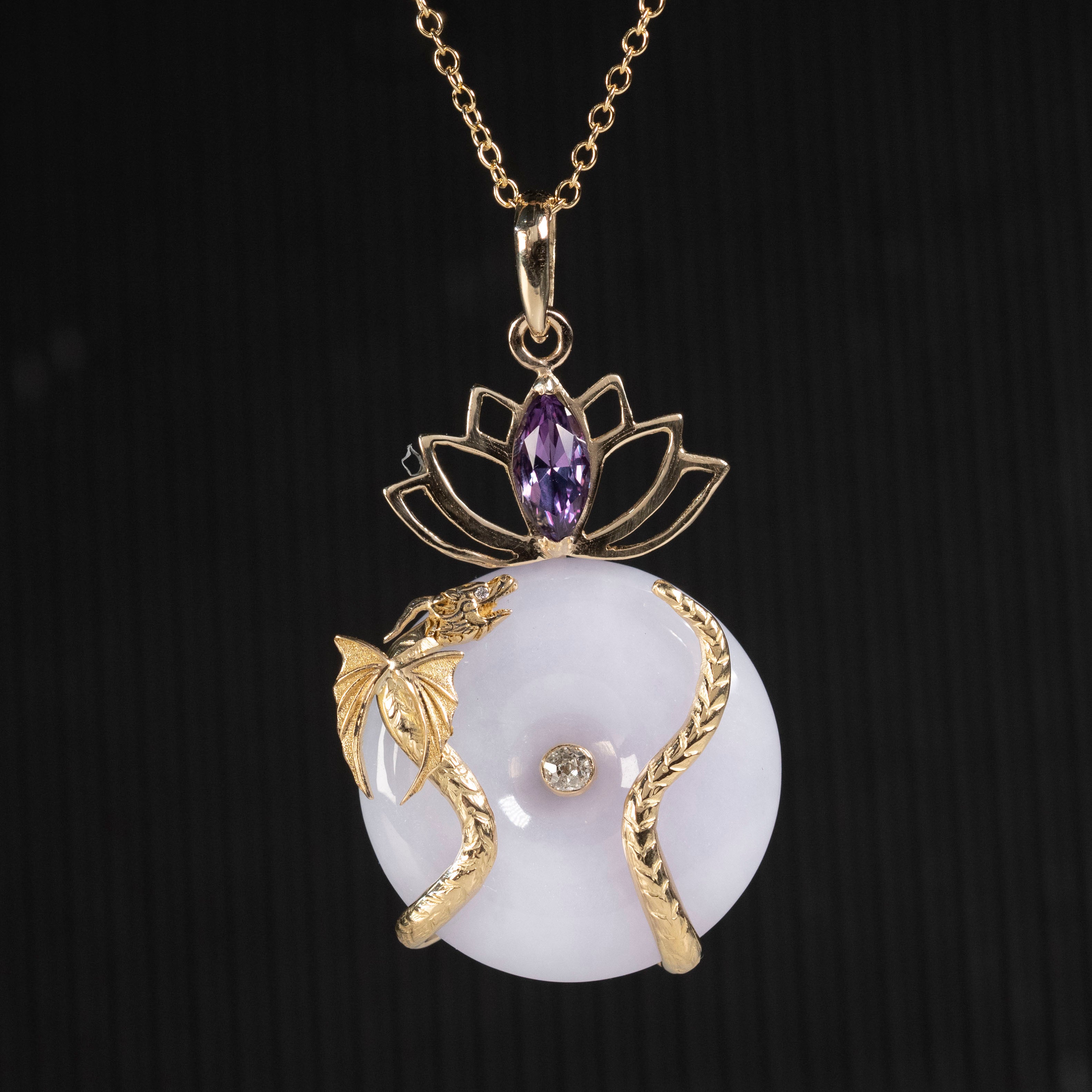 18K gold dragon in jade pendant with focal alexandrite and diamond