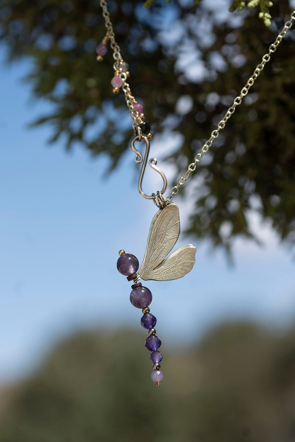 Convertible Amethyst Dragonfly Necklace in Brass - Hebel Design