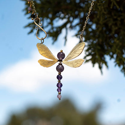 Convertible Amethyst Dragonfly Necklace in Brass - Hebel Design