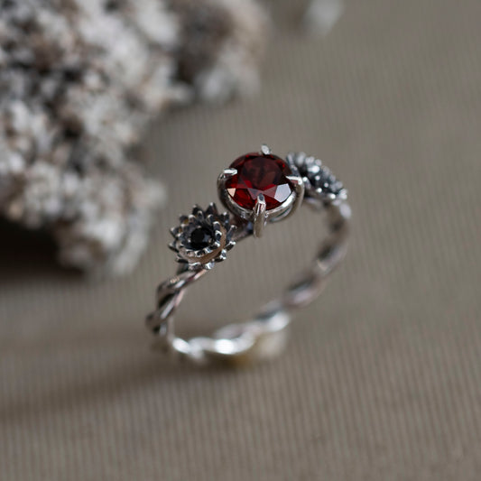 January Carnation and Garnet Ring in Sterling Silver - Hebel Design