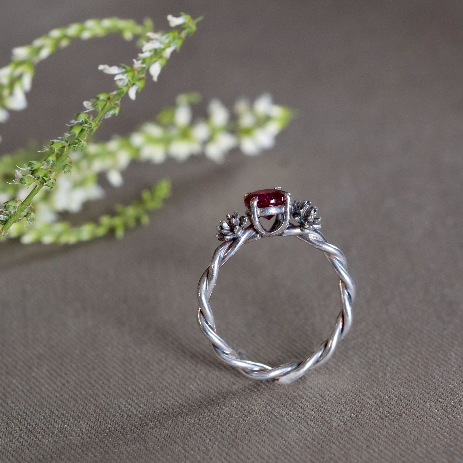  July Silver Ruby and water lilies ring