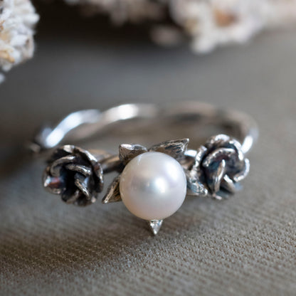 Pearl and roses detail for the botanical ring for June