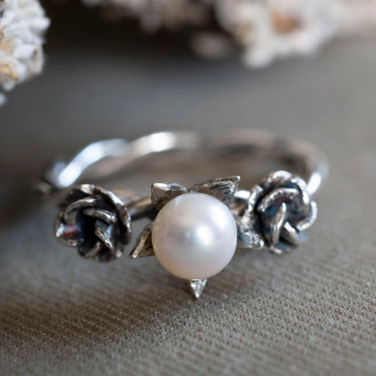 Pearl and roses detail for the botanical ring for June
