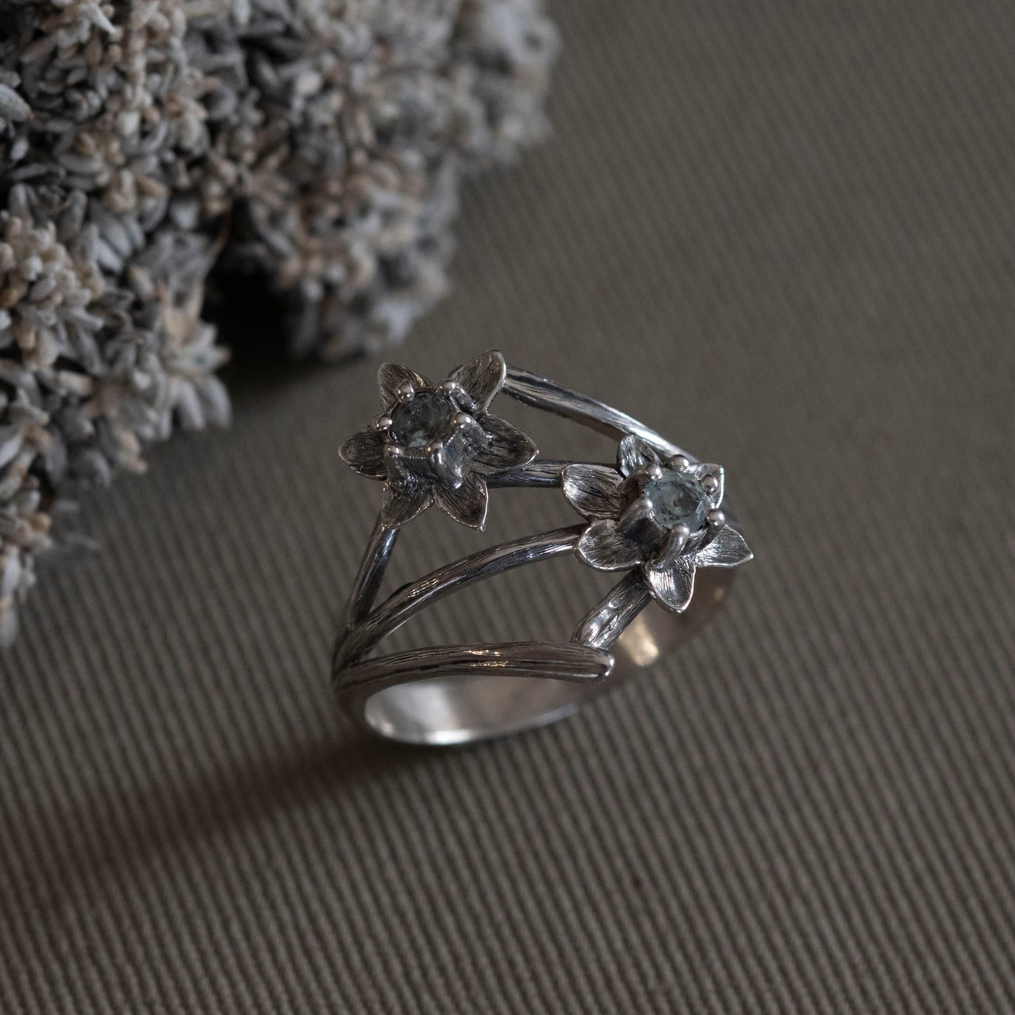 March Daffodil and Aquamarine sterling silver focal ring, hand-fabricated by Hebel Design in Big Bear, CA.