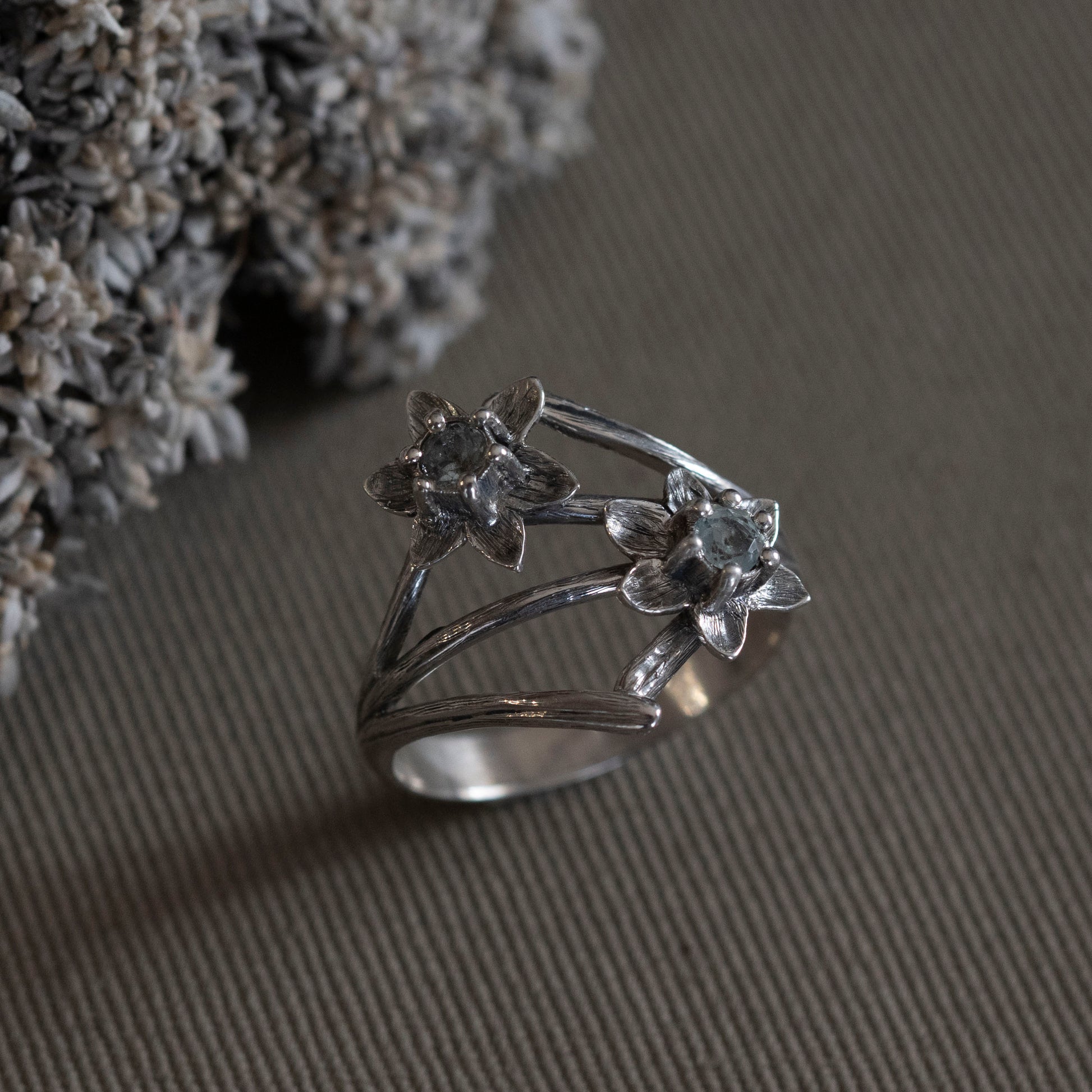 March Daffodil and Aquamarine sterling silver focal ring, hand-fabricated by Hebel Design in Big Bear, CA.