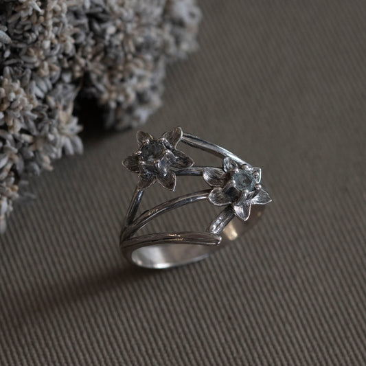 March Daffodil and Aquamarine sterling silver focal ring, hand-fabricated by Hebel Design in Big Bear, CA.