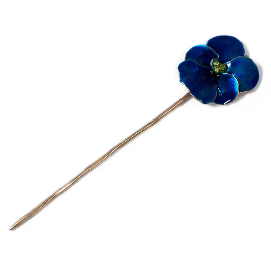Copper and brass pansy hair stick with blue cold enamel inspired by Clockwork Prince